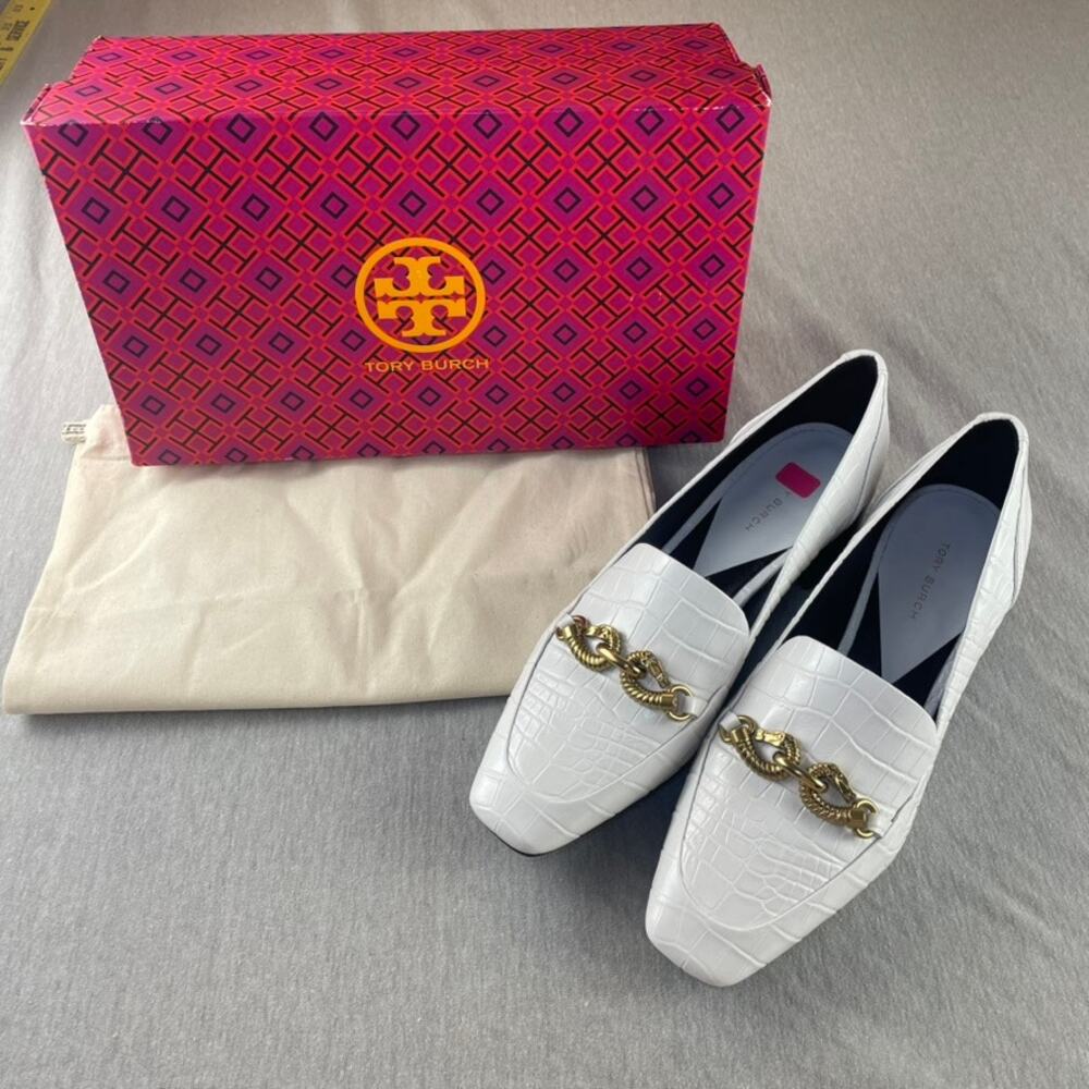 Tory Burch Jessa Heeled Loafer Croc Embossed Leather Loafer 8 Gardenia